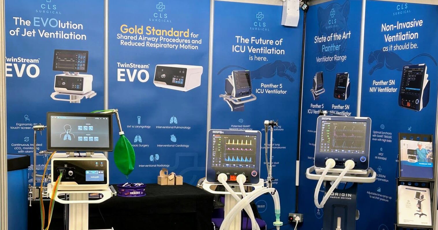 A picture of the Panther 5, Panther 5N and Twinstream Ventilators at the CLS Surgical Stand at the Winter Scientific Meeting 2026