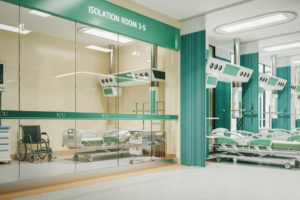 Modern hospital isolation room and ICU ward viewed through a glass partition, featuring multiple hospital beds, overhead medical equipment, a wheelchair, and clinical furnishings. Signage above the room reads “ISOLATION ROOM 3-S.